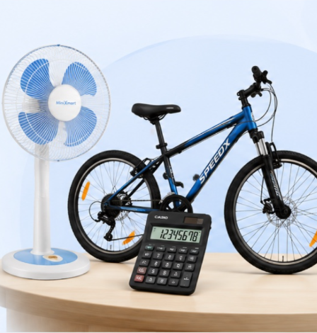 Bike, fan, and calculator products on display